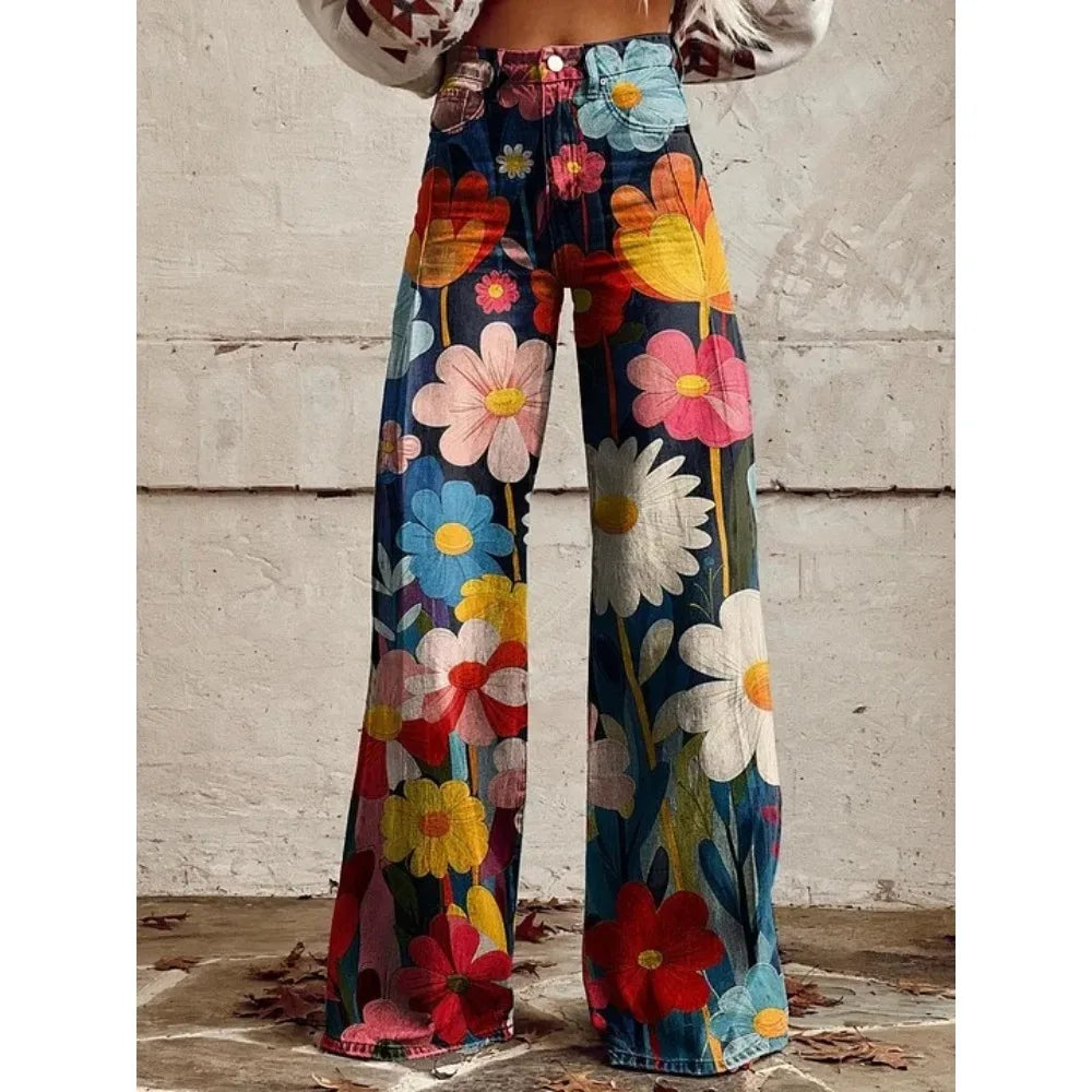 Women's Boho Floral High Waist Wide Leg Pants — Vintage Y2K Loose Trousers