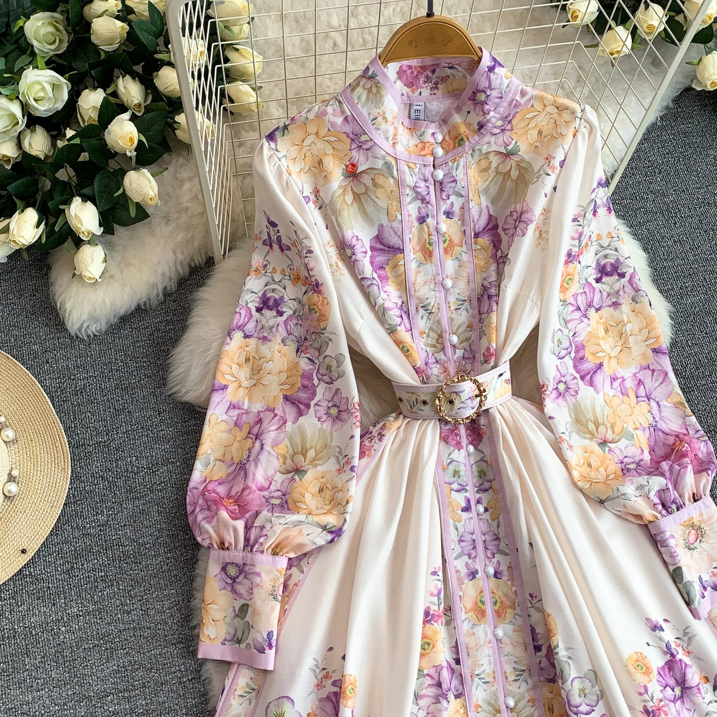 Women's Romantic Print Lantern Sleeve Dress — Belted Split Maxi