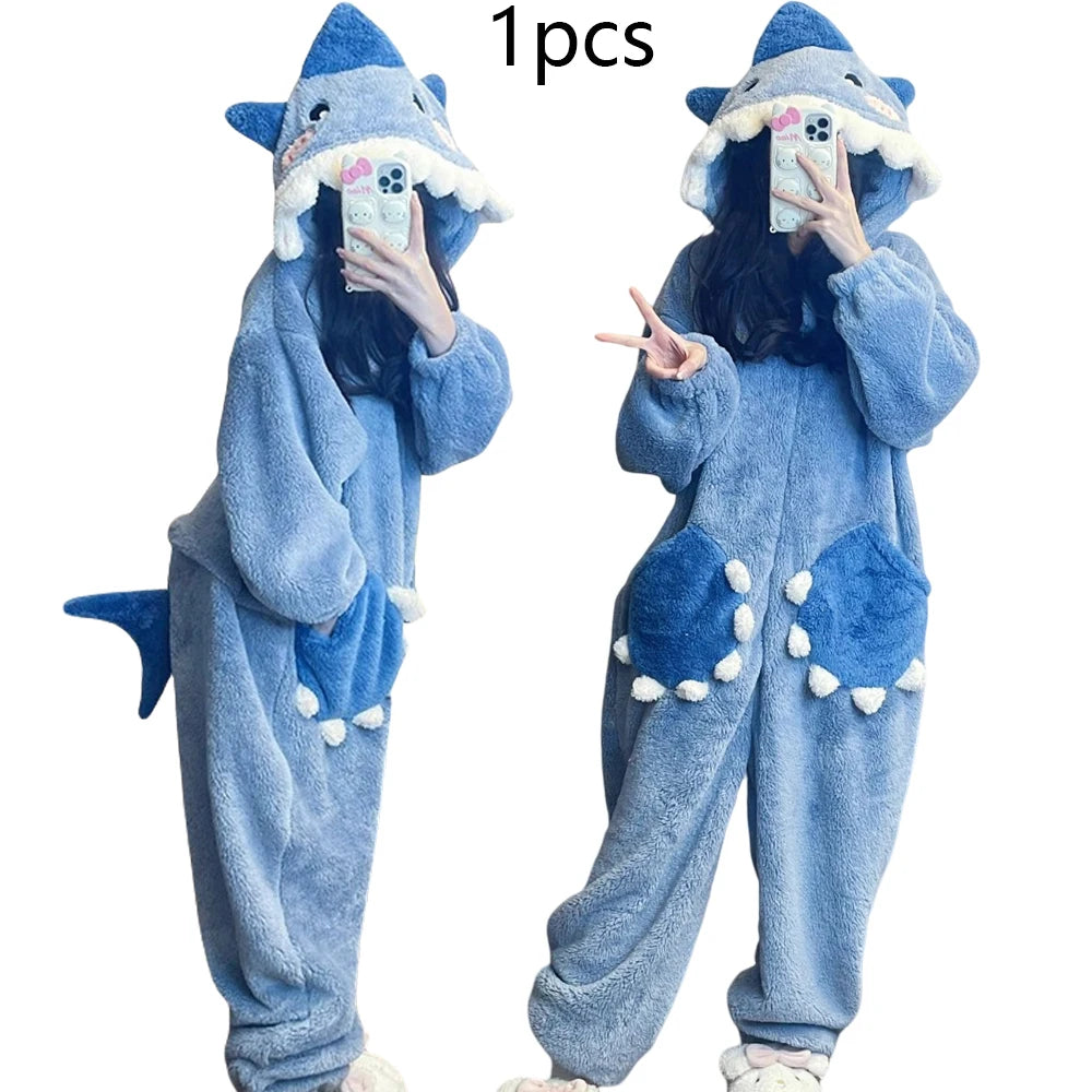 Women's Cartoon Shark Hooded Kigurumi Jumpsuit — Cosplay Loungewear & Sleepwear