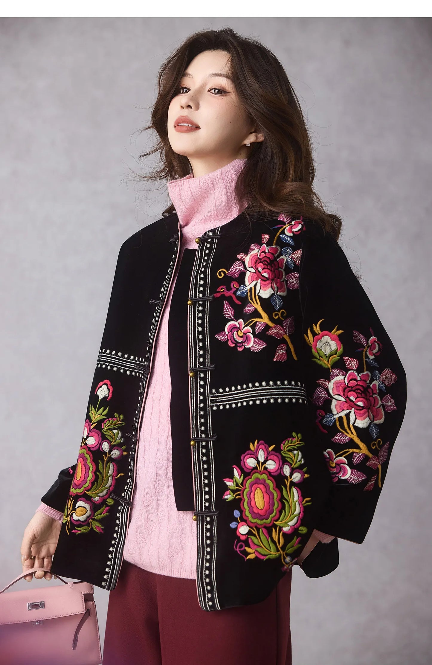Women's Black Embroidered Velvet Jacket — Chinese Floral Style