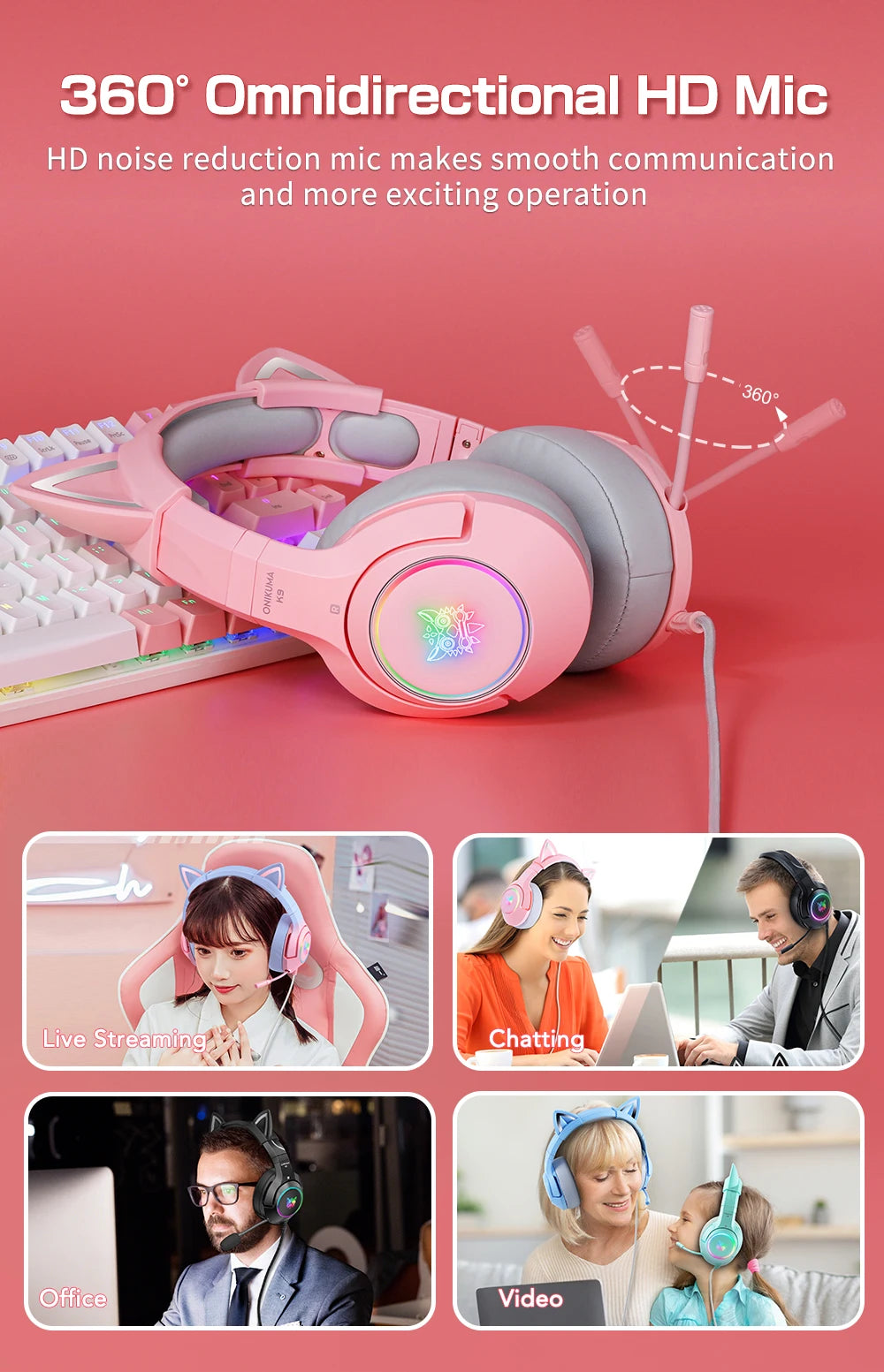 ONIKUMA K9 RGB Gaming Headset with Cat Ears & HD Mic