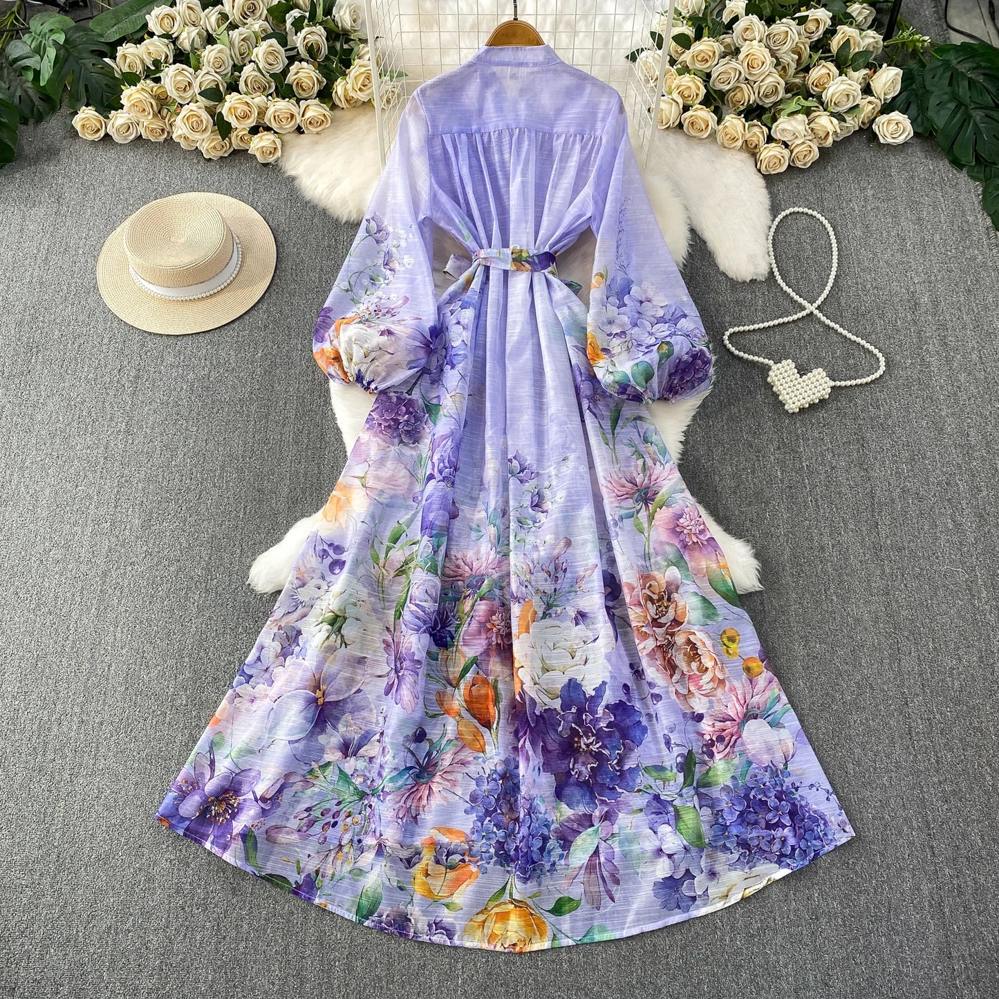 Elegant French Style round Neck Long Sleeve Dress Women's Spring Autumn Heavy Work Floral Embroidery A-Line Skirt Dress