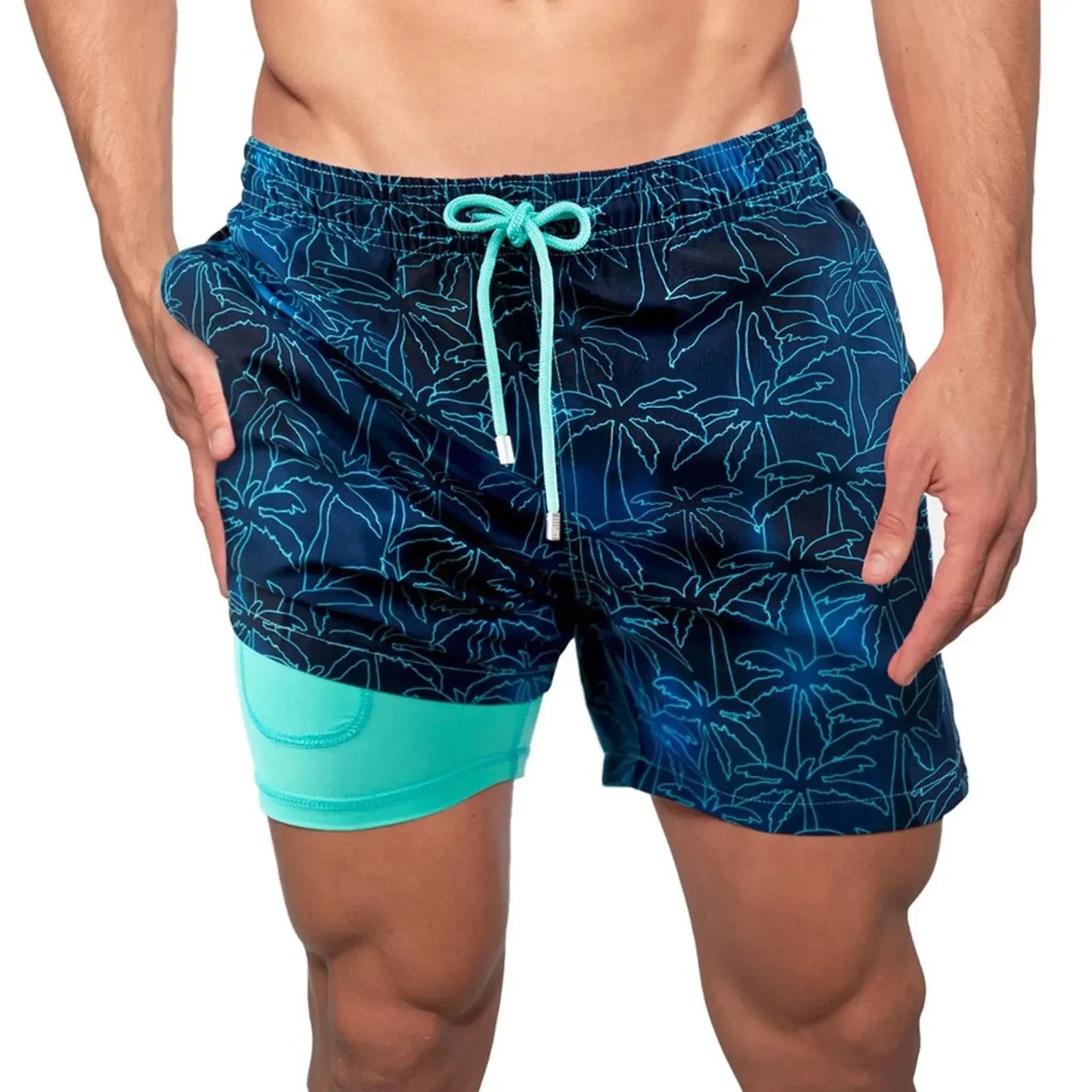 Men's Tropical Print Beach Shorts with Lining — Casual Summer Swim Trunks