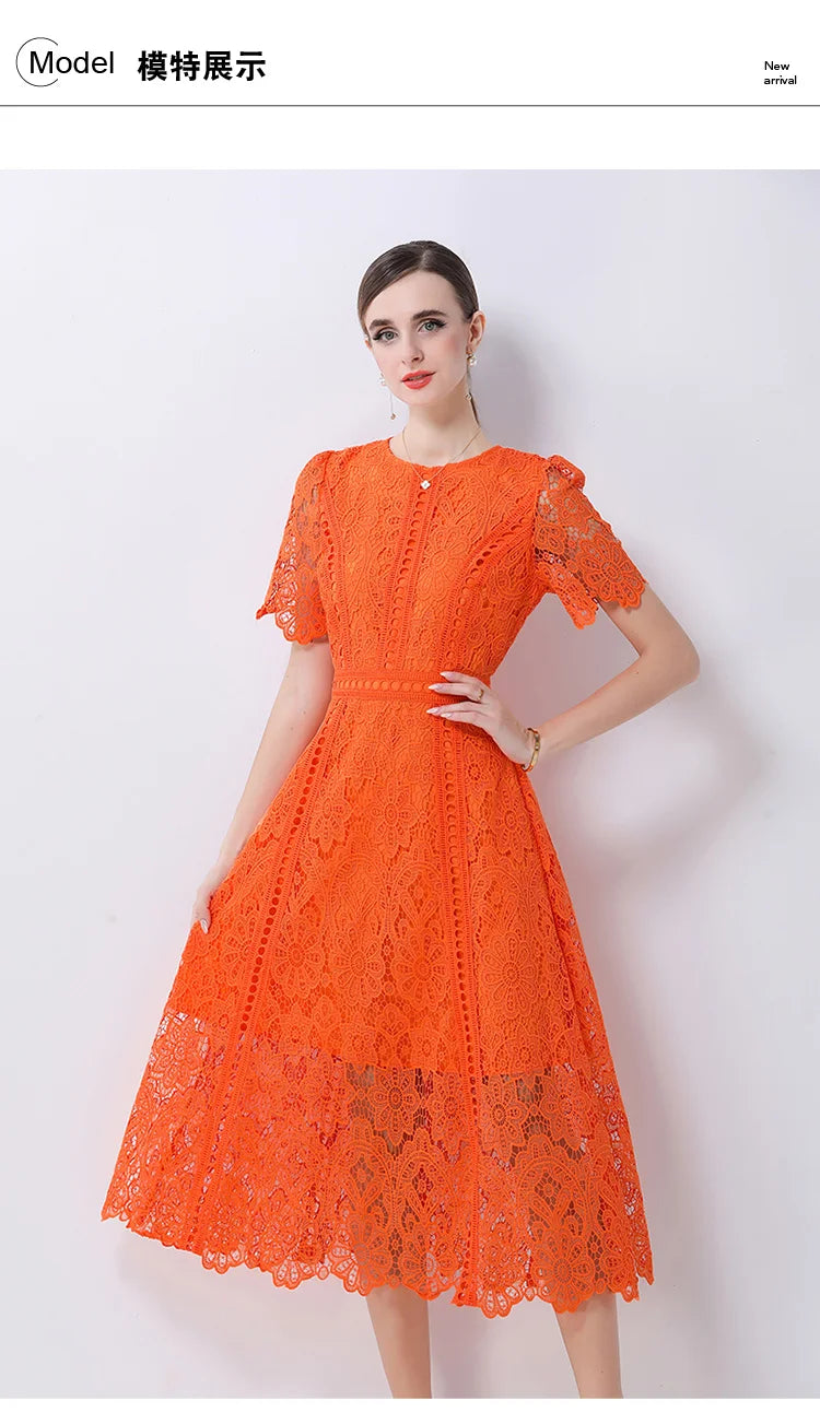Women's Vintage High-End Lace Hollow-Out Long Dress — Slim Elegant Summer Gown