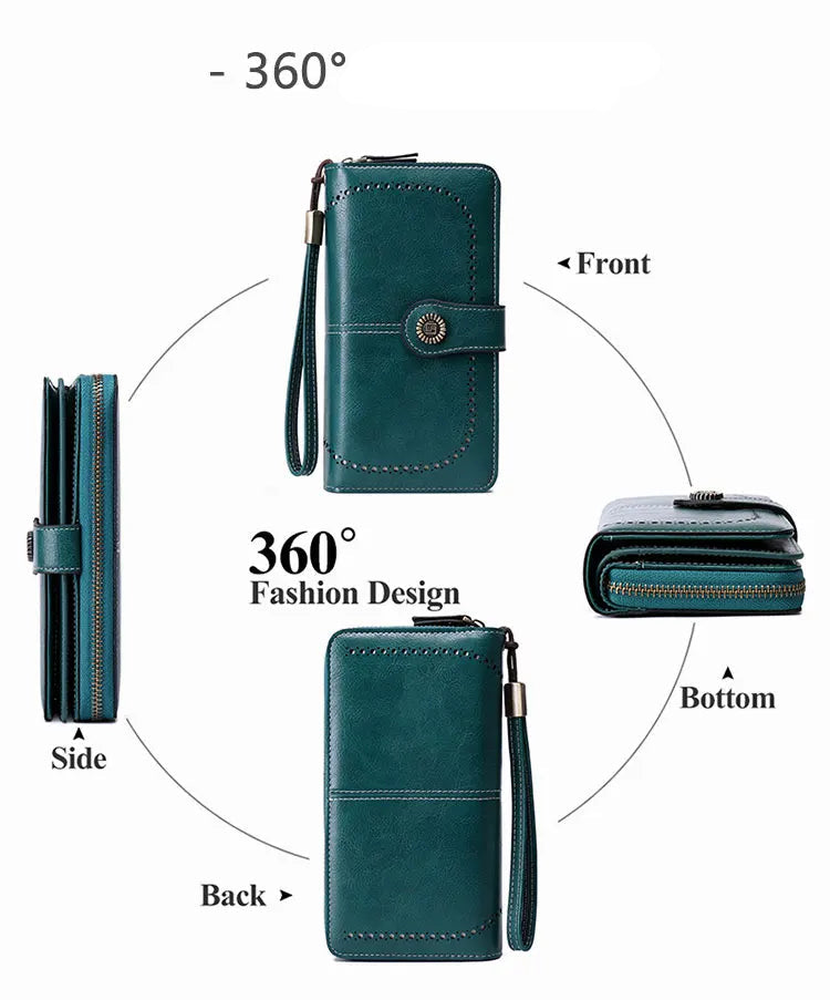 RFID anti-theft brush Retro large capacity long wallet Multi-card women's wallet Multi-function zipper wallet with wrist strap