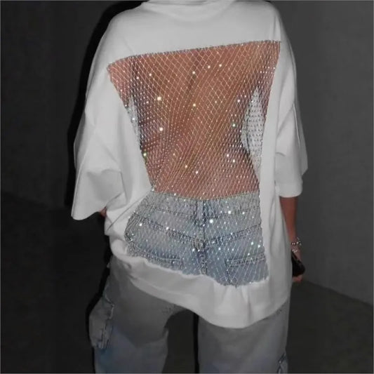 Women's Lace Bead Splicing T-Shirt – Loose O-Neck Half-Sleeve Top