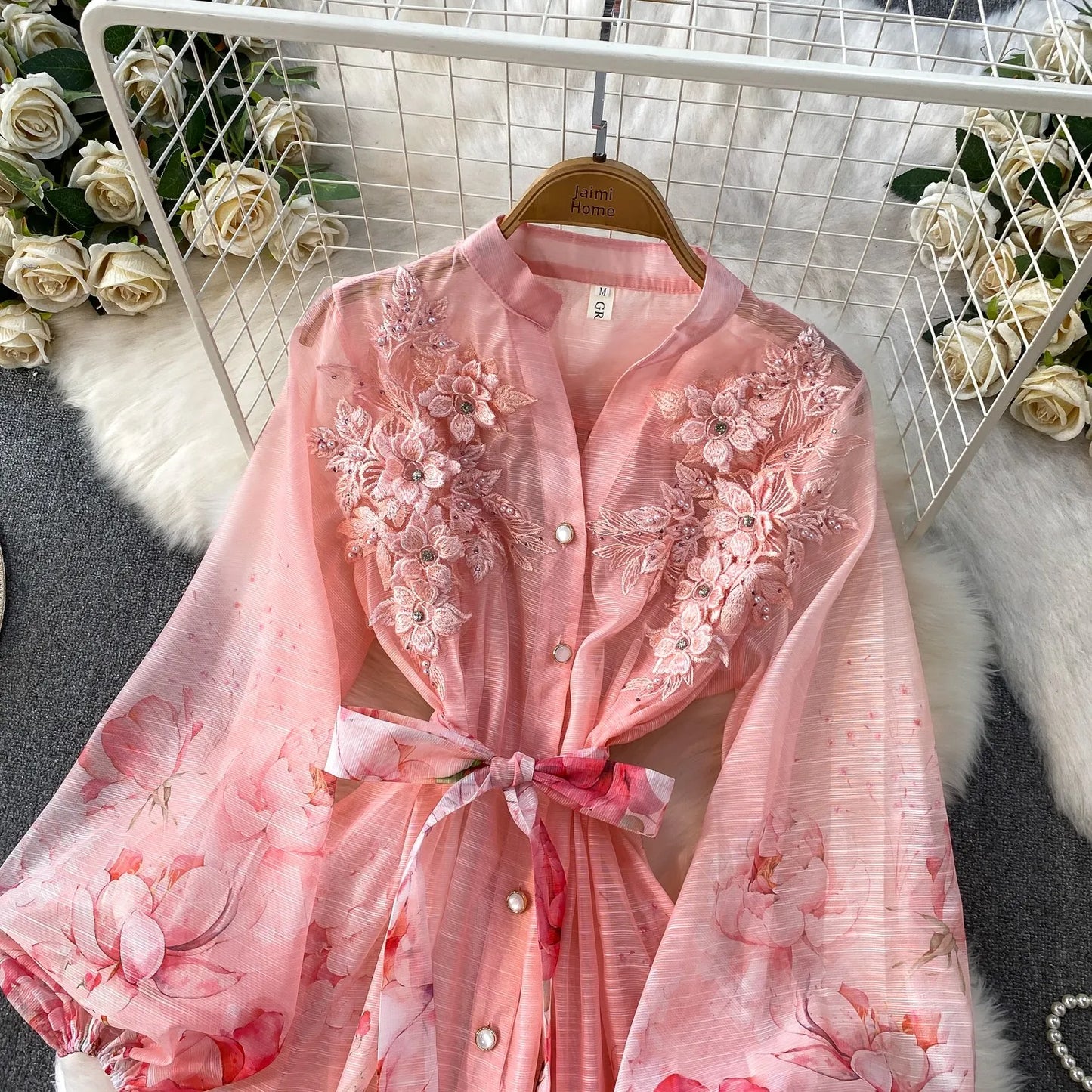Elegant French Style round Neck Long Sleeve Dress Women's Spring Autumn Heavy Work Floral Embroidery A-Line Skirt Dress