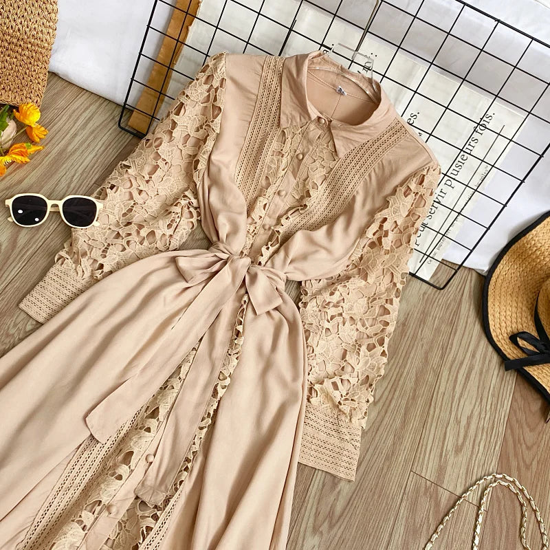 Women's Vintage Lace Bell Sleeve Dress — Waist-Cinching Belt A-Line Gown