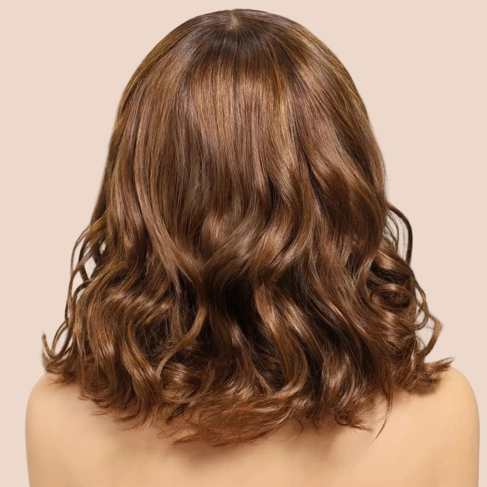 Brown Colored Loose Wave Wig With Bangs 4x2 Lace Short Bob Wig Human Hair Glueless Wig 150% Density