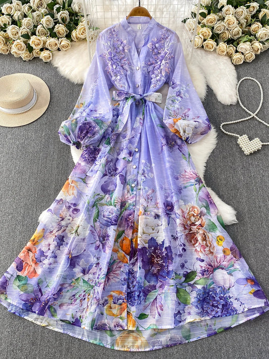 Elegant French Style round Neck Long Sleeve Dress Women's Spring Autumn Heavy Work Floral Embroidery A-Line Skirt Dress