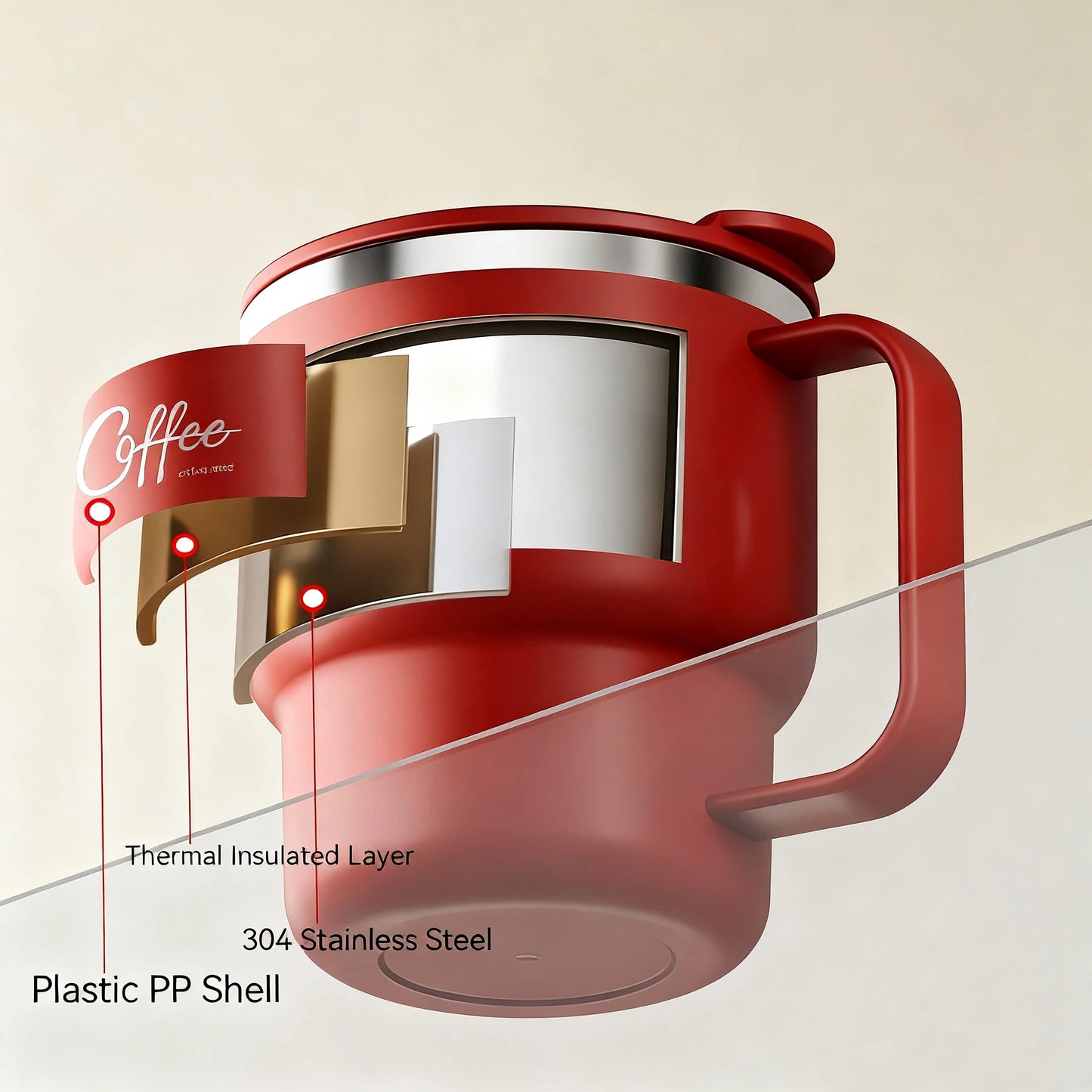 Double Wall Insulated Coffee Mug — 304 Stainless Steel with Handle