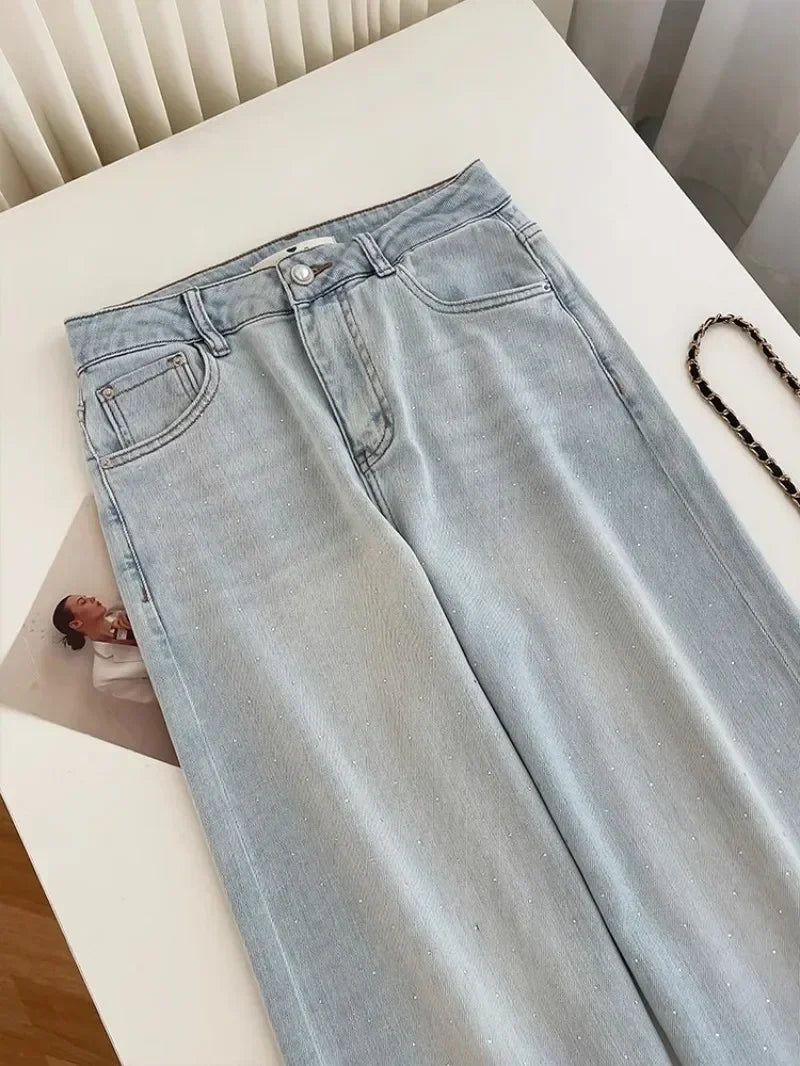 Women's High-Waist Rhinestone Embroidered Straight Jeans — Y2K Luxury Streetwear