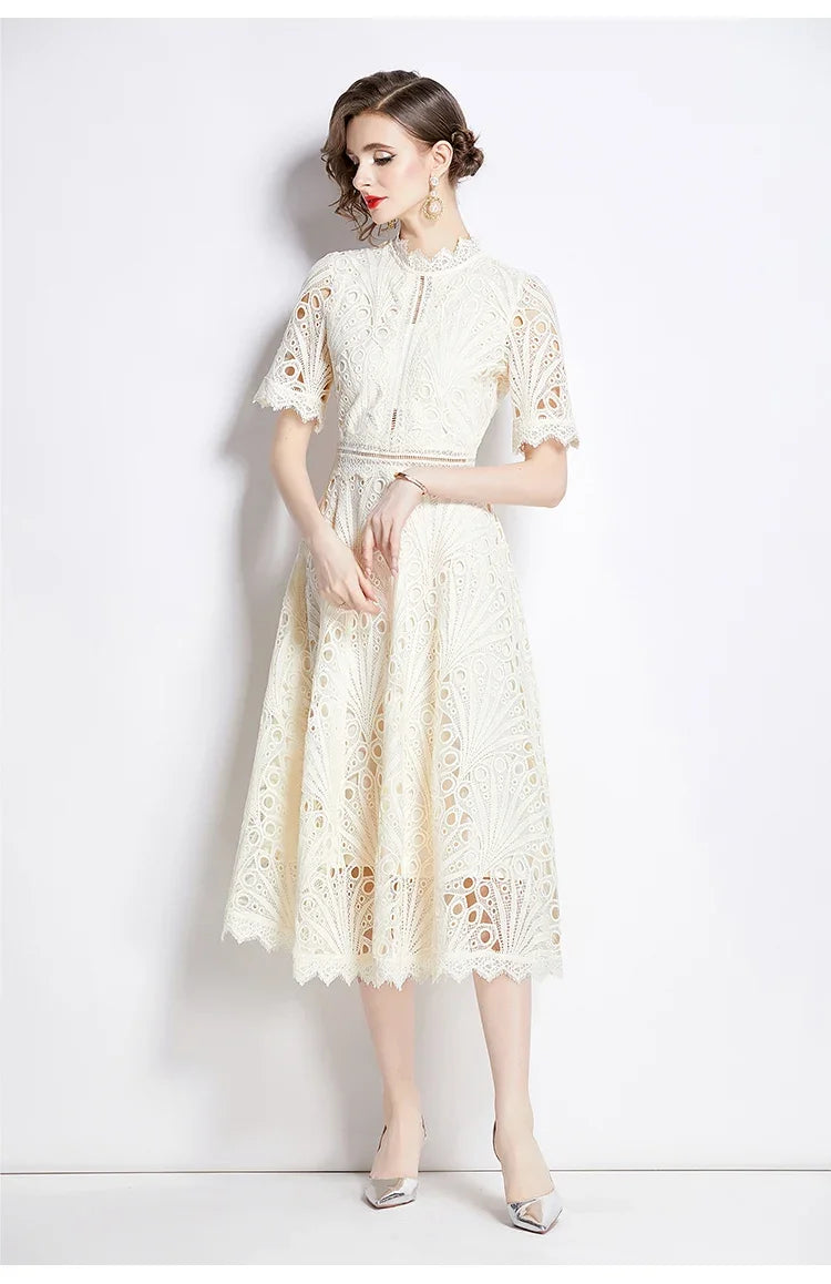 Women's Vintage High-End Lace Hollow-Out Long Dress — Slim Elegant Summer Gown