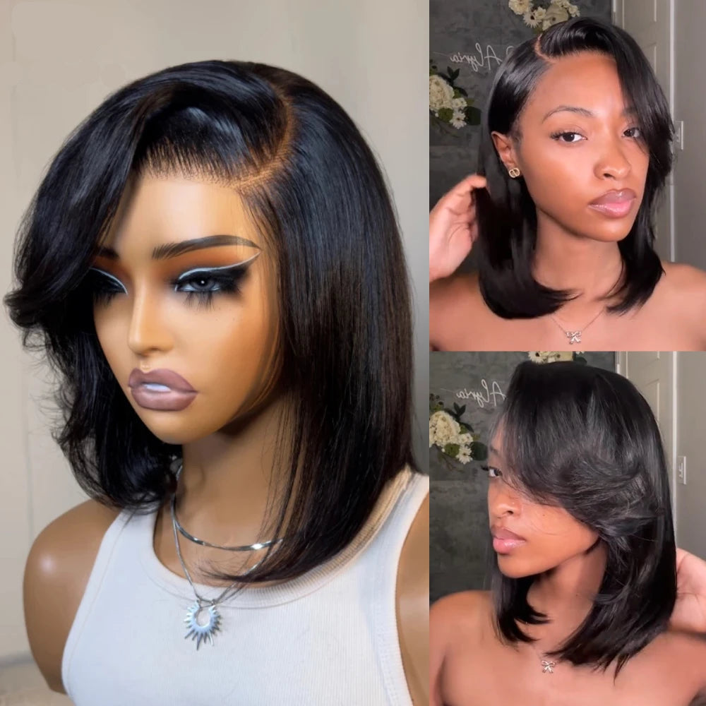 4x4 Lace Closure Bob Wig With Side Swept Bangs 100% Human Hair Glueless Wig Ready To Wear