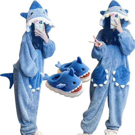 Women's Cartoon Shark Hooded Kigurumi Jumpsuit — Cosplay Loungewear & Sleepwear