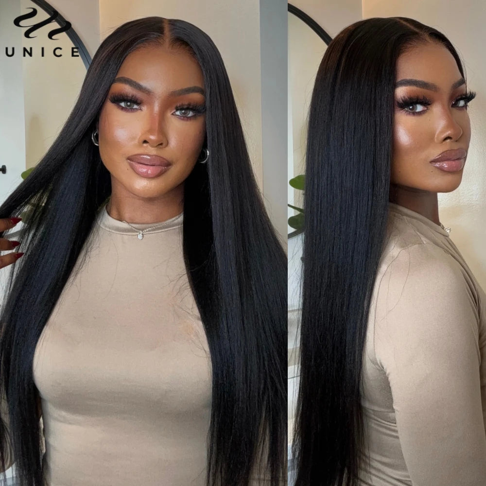 No-Slip 7x5 Lace Yaki Straight Wig With Drawstring 100% Human Hair Glueless Wigs Pre Cut Pre Bleached Wig for Beginners
