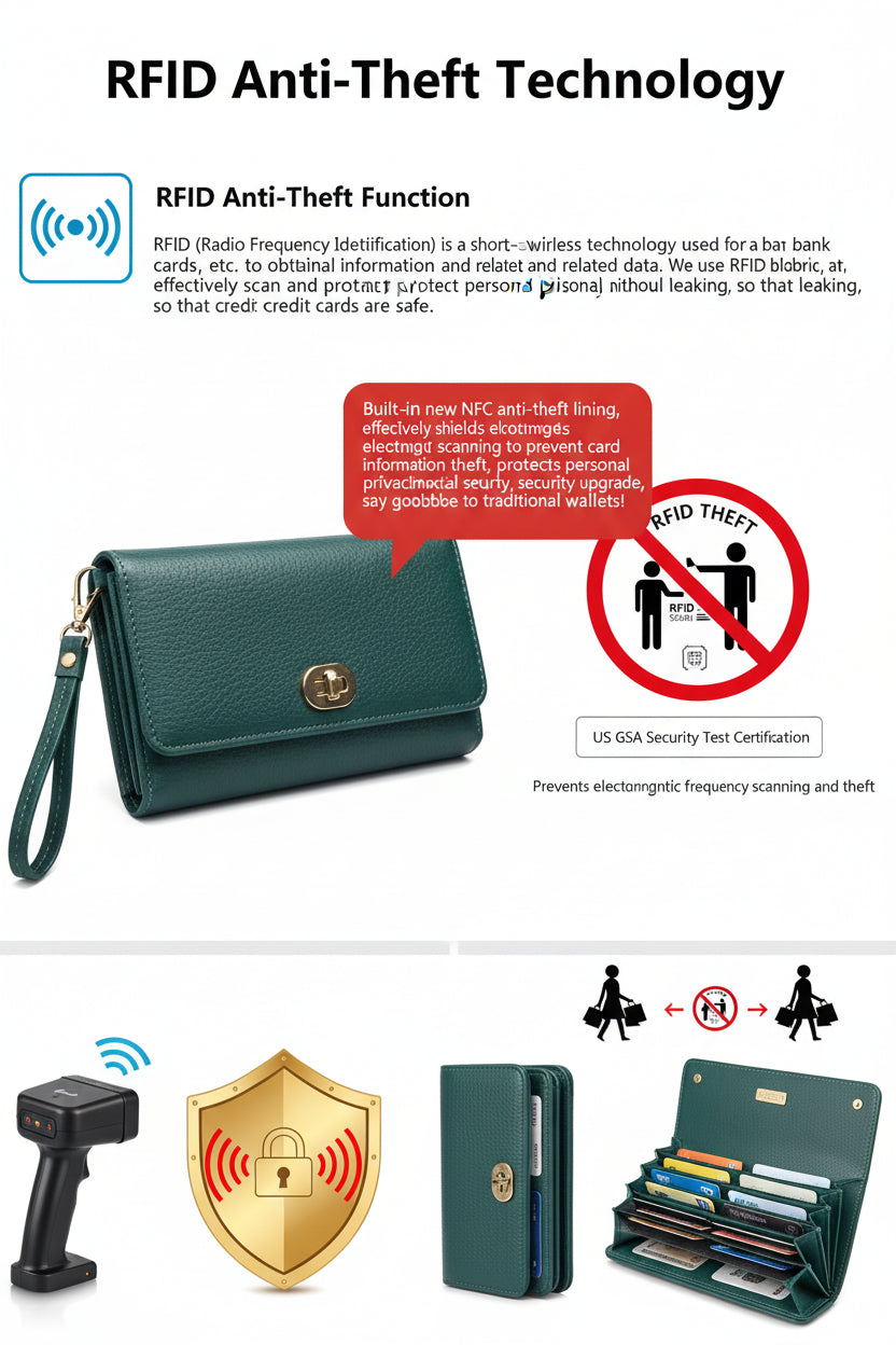 RFID anti-theft brush Retro large capacity long wallet Multi-card women's wallet Multi-function zipper wallet with wrist strap
