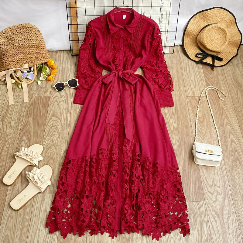 Women's Vintage Lace Bell Sleeve Dress — Waist-Cinching Belt A-Line Gown