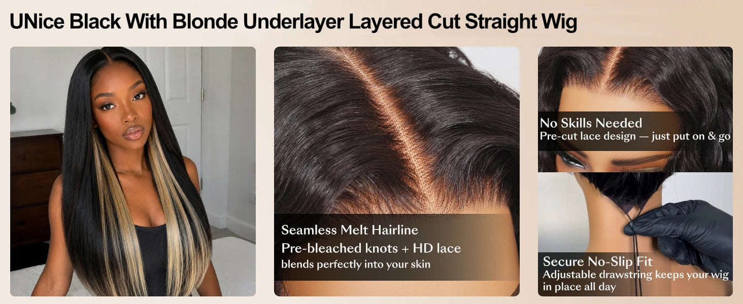Black With Blonde Underlayer Layered Cut Straight Human Hair Wig | 7x5 Glueless Lace Wig 150% Density