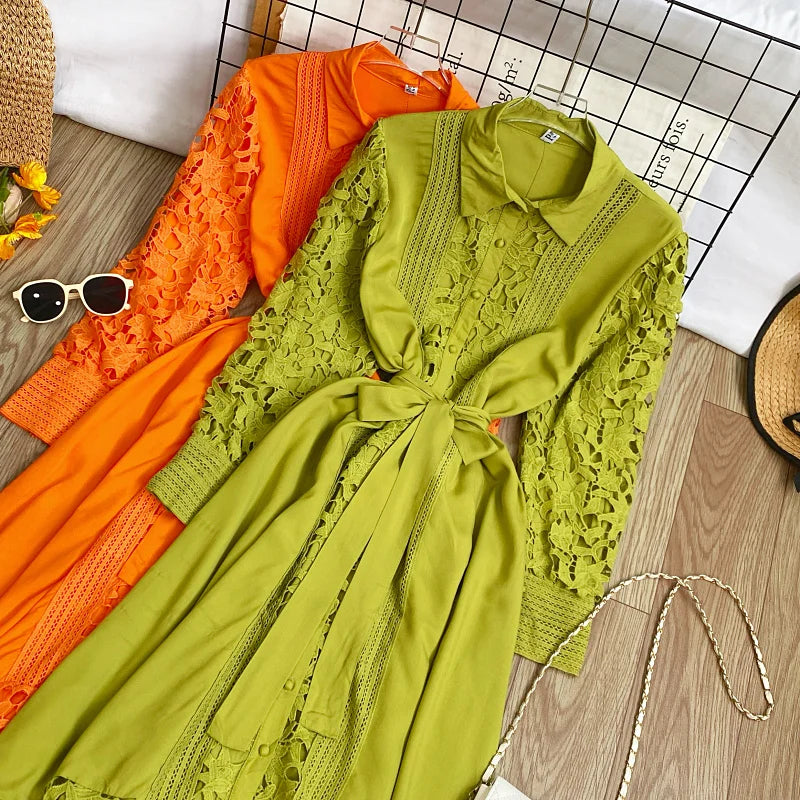 Women's Vintage Lace Bell Sleeve Dress — Waist-Cinching Belt A-Line Gown
