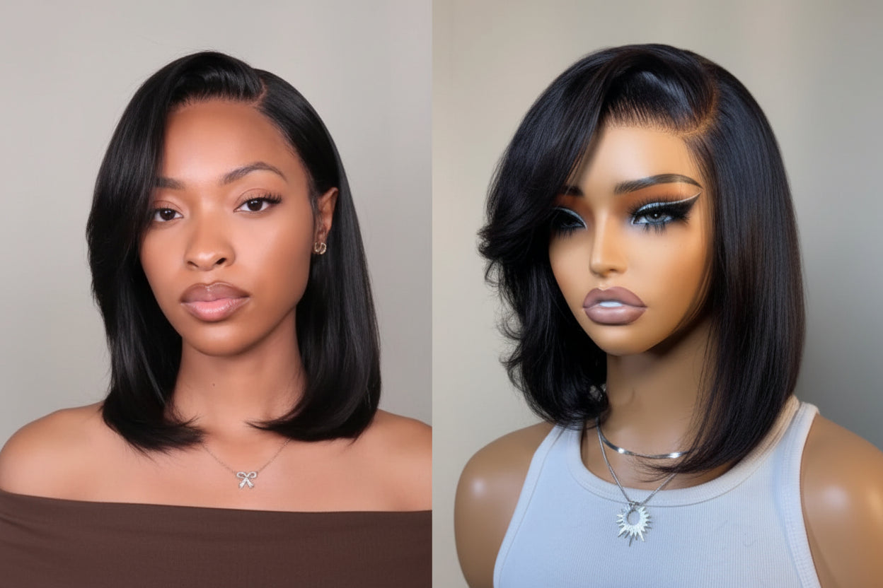 4x4 Lace Closure Bob Wig With Side Swept Bangs 100% Human Hair Glueless Wig Ready To Wear