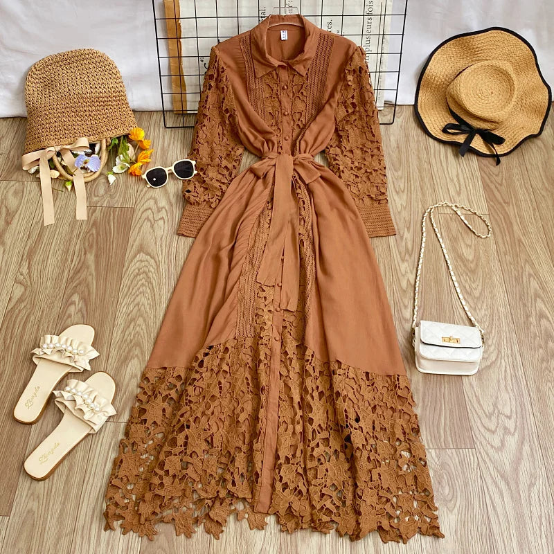 Women's Vintage Lace Bell Sleeve Dress — Waist-Cinching Belt A-Line Gown