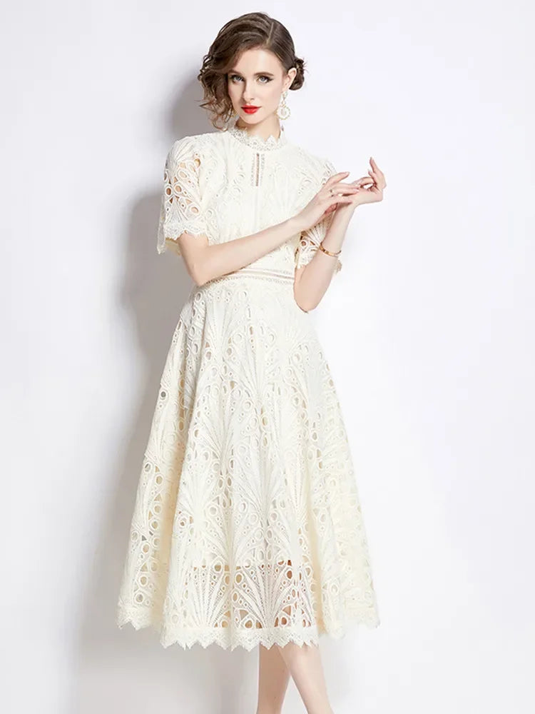 Women's Vintage High-End Lace Hollow-Out Long Dress — Slim Elegant Summer Gown