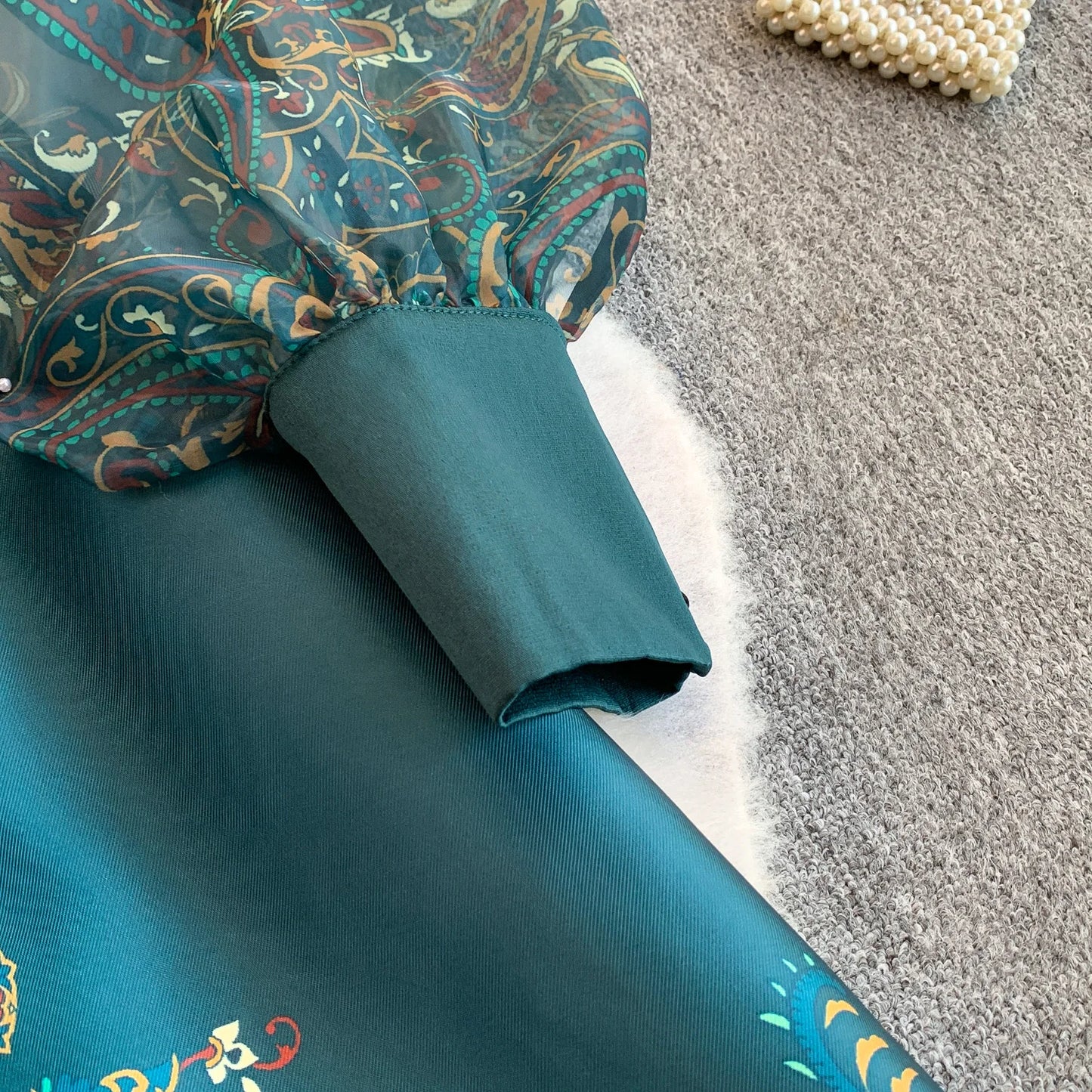 Elegant European Court Style Vintage Mesh Splice Print Lantern Sleeve Long Dress Women's Waist Cinching Slimming Maxi Gown