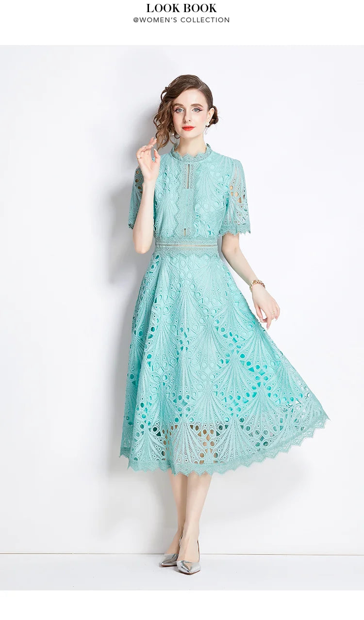 Women's Vintage High-End Lace Hollow-Out Long Dress — Slim Elegant Summer Gown