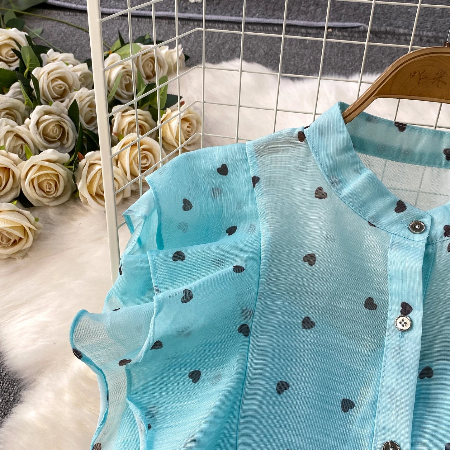 Women's French Style Sweet Chiffon Two-Piece Set — Heart Print Shirt & Flared Skirt