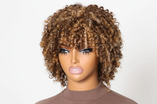 Blonde Highlight Afro Kinky Curly Wig With Bangs 100% Human Hair Bouncy Curls Short Human Hair Wigs Full Machine Made Wig