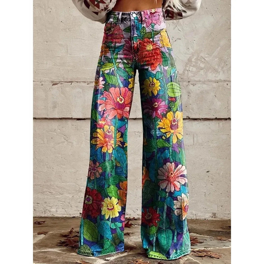 Women's Boho Floral High Waist Wide Leg Pants — Vintage Y2K Loose Trousers