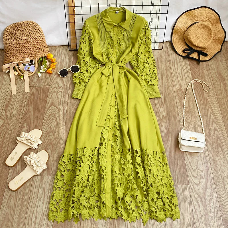Women's Vintage Lace Bell Sleeve Dress — Waist-Cinching Belt A-Line Gown