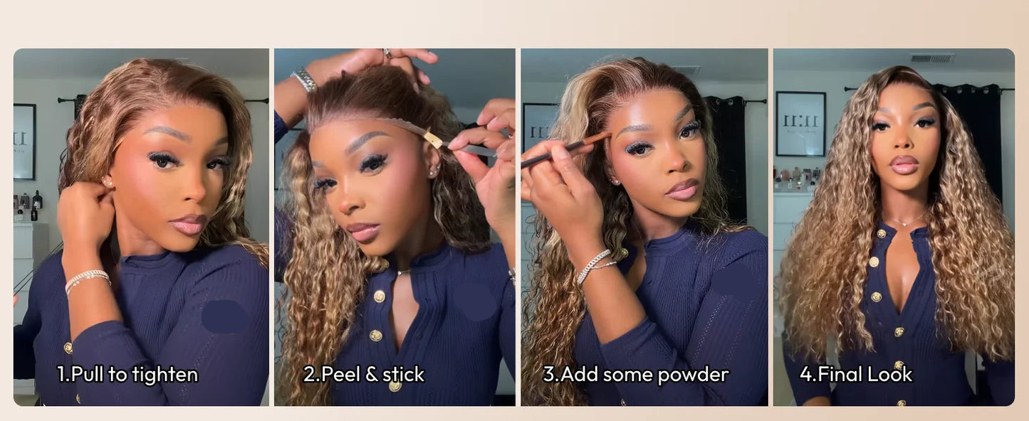UNice No-Slip 13x4 Lace Frontal Honey Blonde Highlights Water Wave Human Hair Wig With Drawstring Pull & Go Gluele