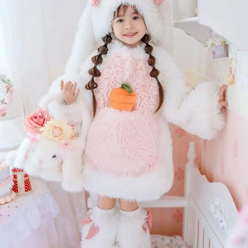 Kawaii Children Plush Rabbit Cosplay Costume Set — Warm Winter Outfit for Girls