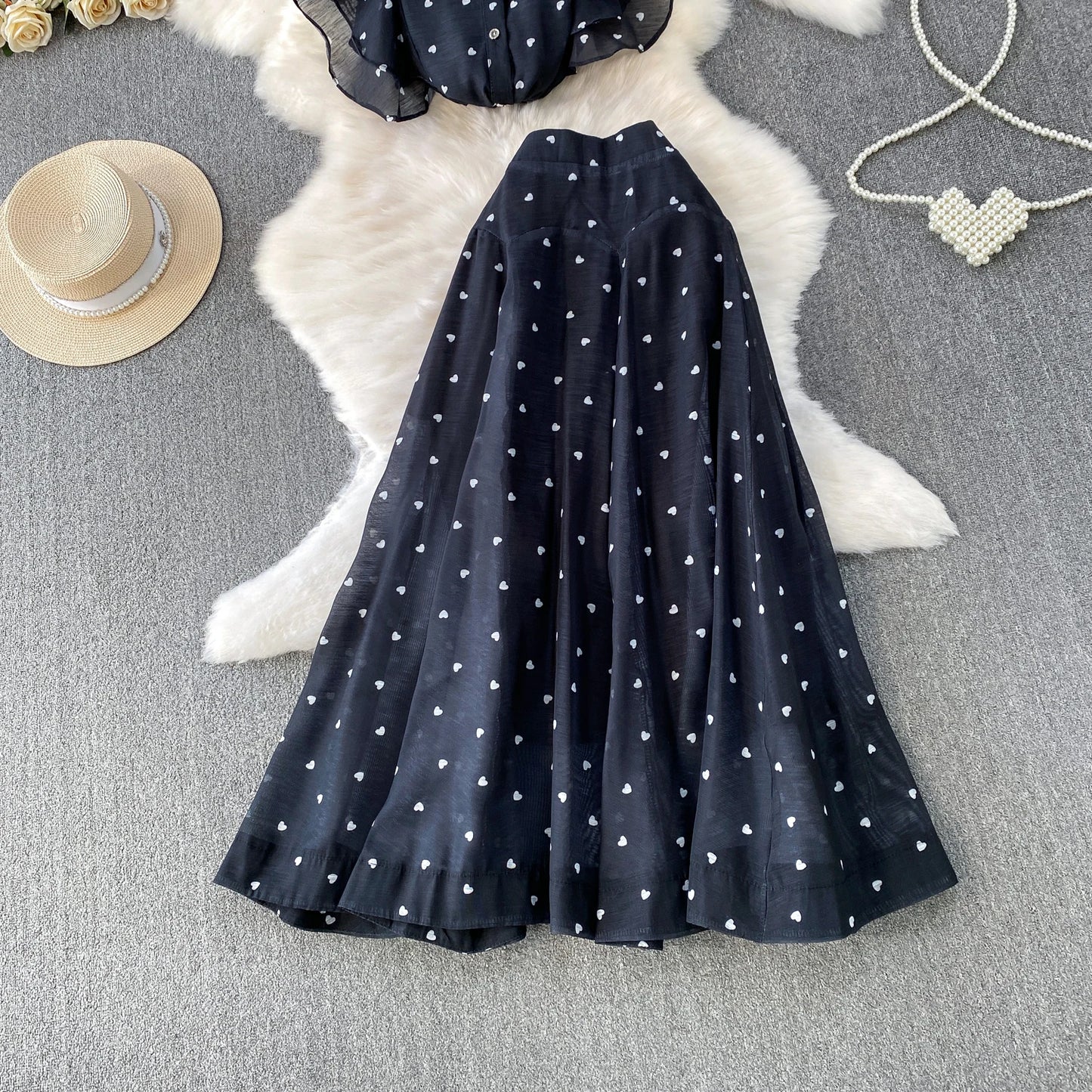 Women's French Style Sweet Chiffon Two-Piece Set — Heart Print Shirt & Flared Skirt
