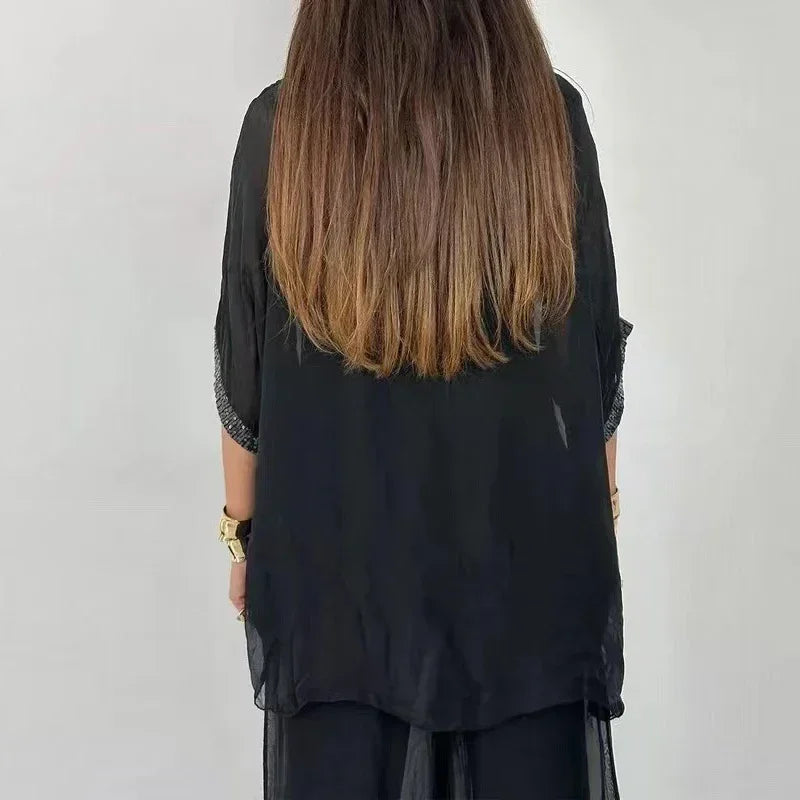 Women's Summer Chiffon Sequin Patchwork Casual Set — Batwing Sleeve Top & Wide Leg Pants