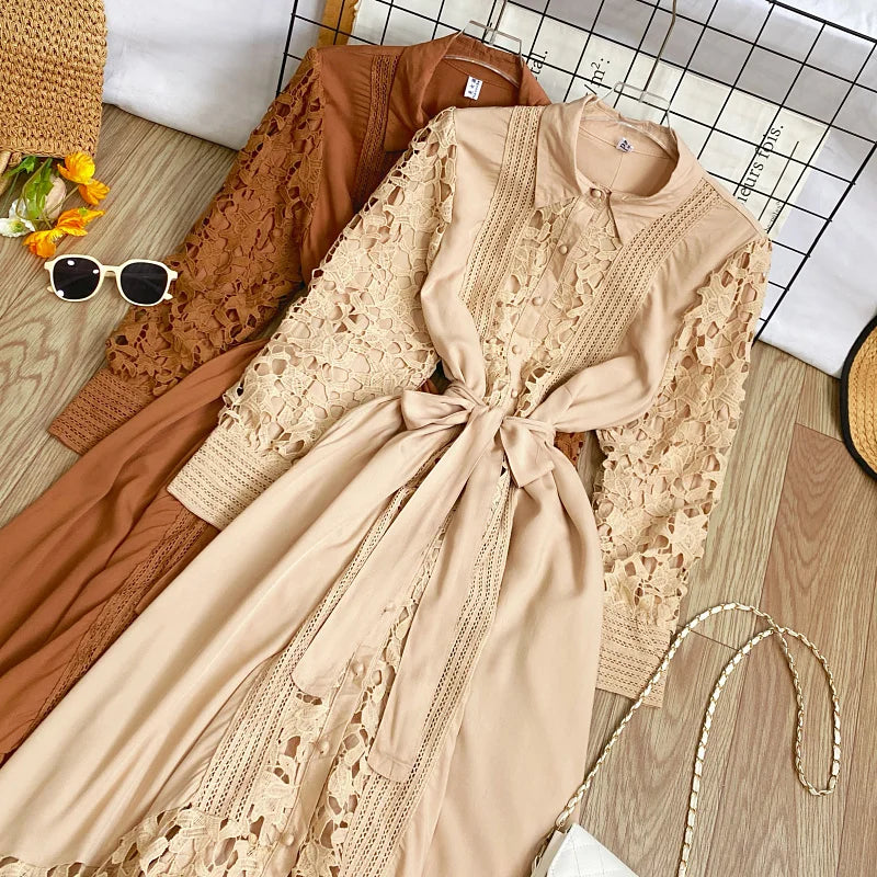 Women's Vintage Lace Bell Sleeve Dress — Waist-Cinching Belt A-Line Gown
