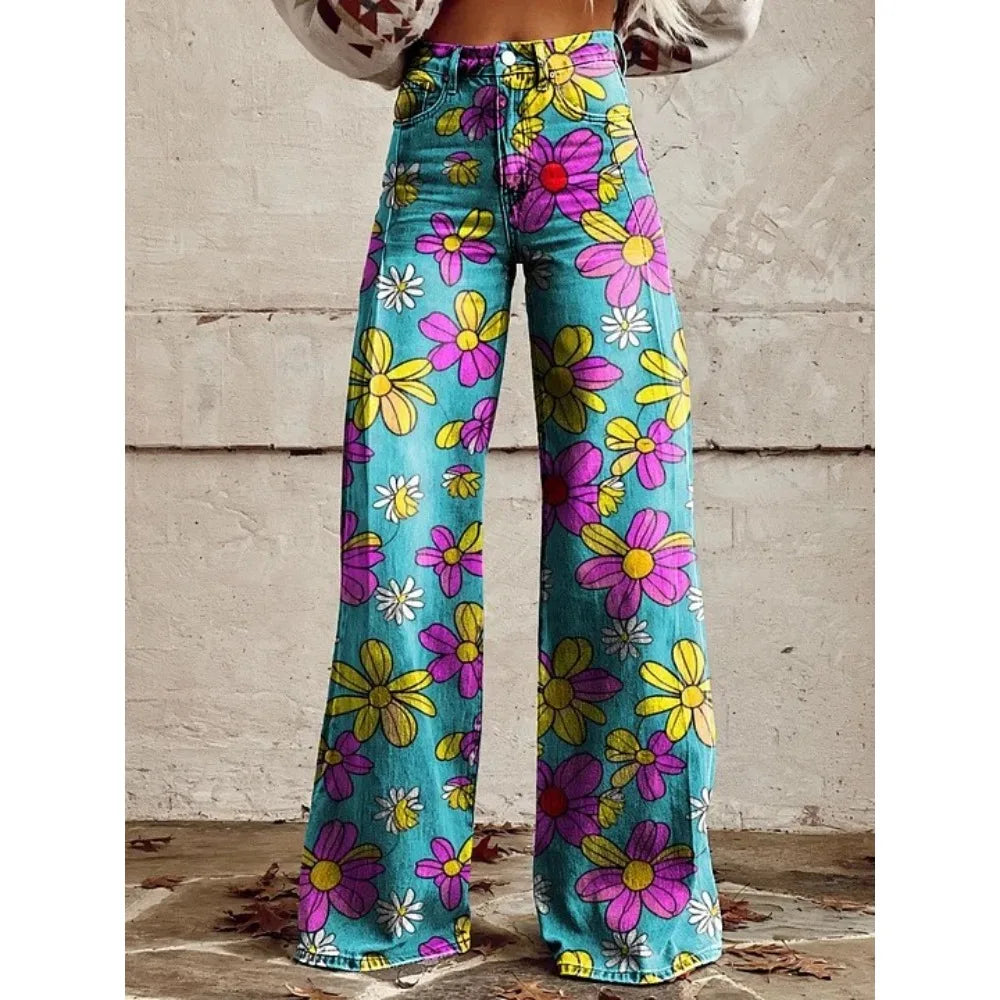 Women's Boho Floral High Waist Wide Leg Pants — Vintage Y2K Loose Trousers