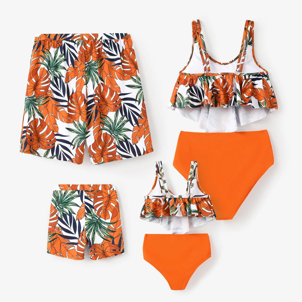 Family Matching Tropical Plant Print Two-Piece Swimsuit & Swim Trunks
