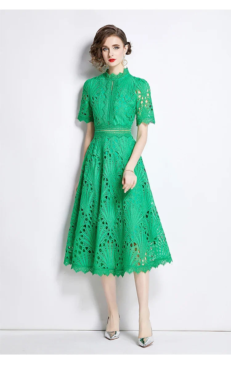 Women's Vintage High-End Lace Hollow-Out Long Dress — Slim Elegant Summer Gown