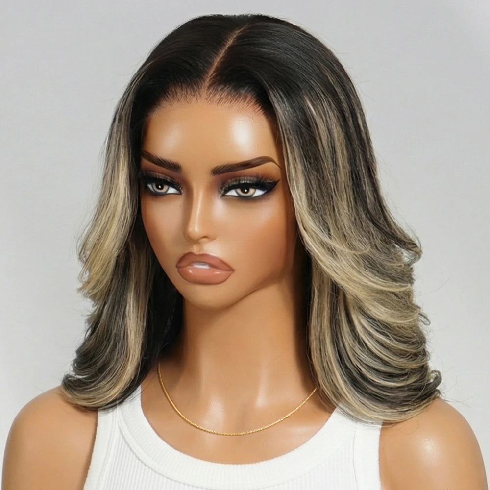 Natural Black With #27 Blonde Highlight Wavy Bob Wig | Glueless 7x5 Lace | 100% Human Hair