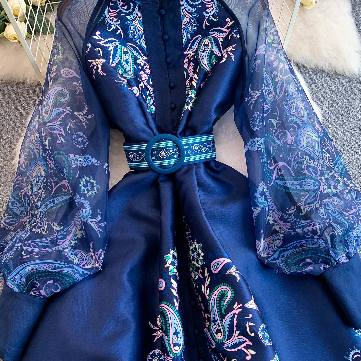 Elegant European Court Style Vintage Mesh Splice Print Lantern Sleeve Long Dress Women's Waist Cinching Slimming Maxi Gown