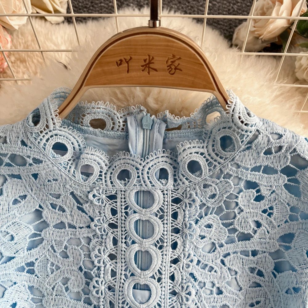 Women's French Style Hollow-Out Lace Dress — Waist-Cinched Short Sleeve A-Line