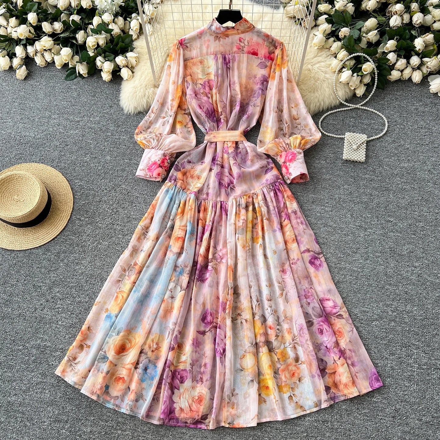 Women's French Vintage Palace Print Dress — Stand Collar Lantern Sleeve A-Line