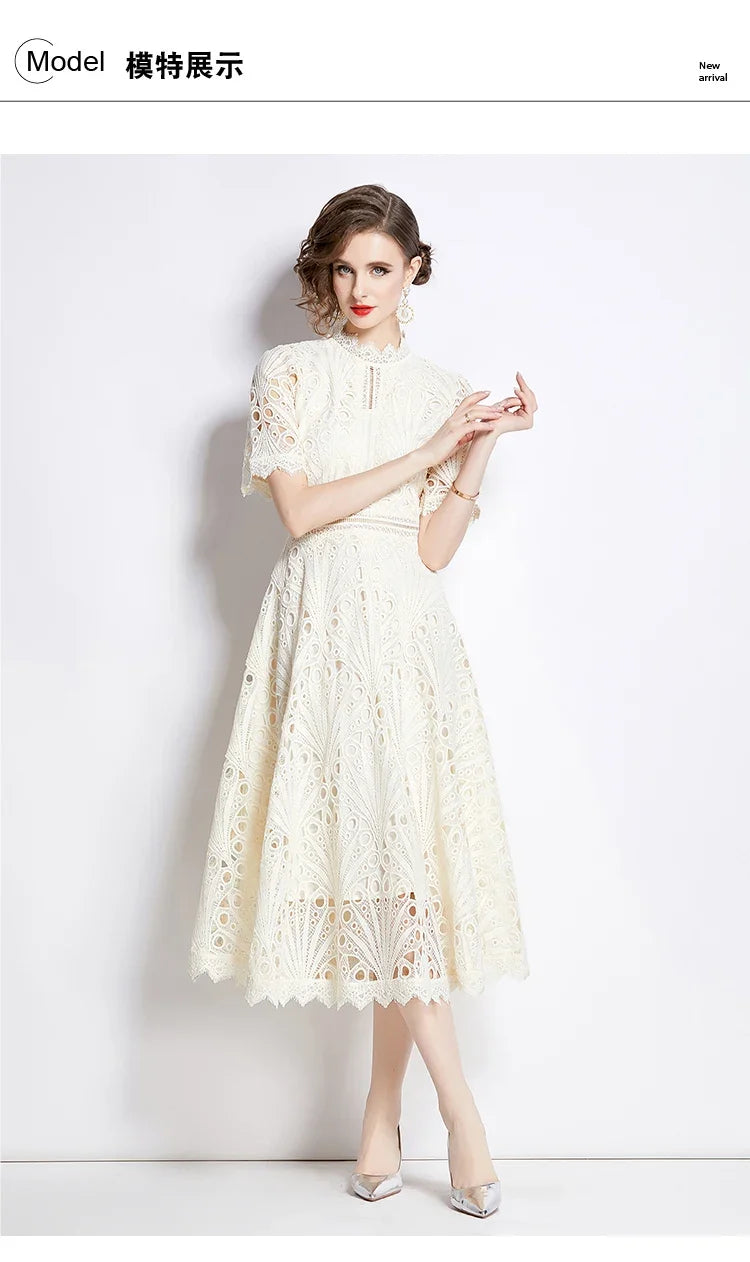 Women's Vintage High-End Lace Hollow-Out Long Dress — Slim Elegant Summer Gown