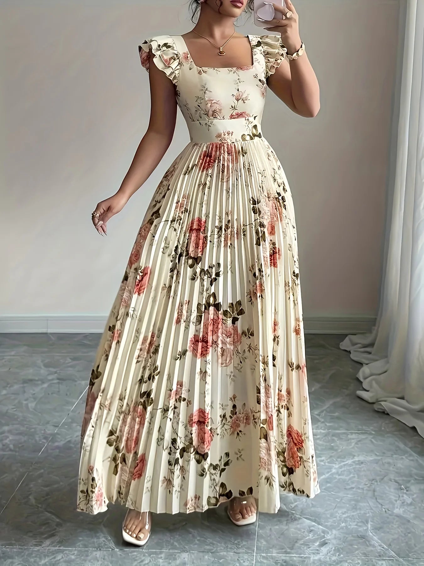 Elegant Floral Pleated Midi Dress — Square Neck Ruffle Sleeveless Party Gown