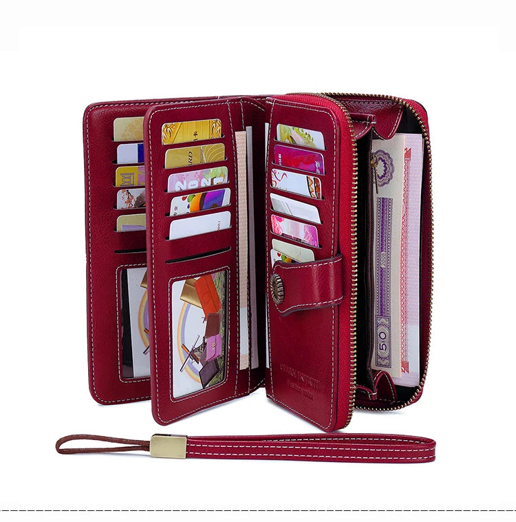 RFID anti-theft brush Retro large capacity long wallet Multi-card women's wallet Multi-function zipper wallet with wrist strap