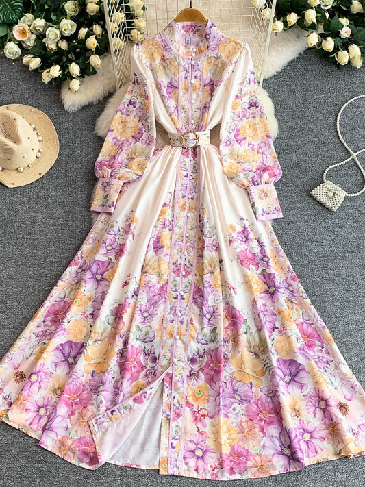 Women's Romantic Print Lantern Sleeve Dress — Belted Split Maxi