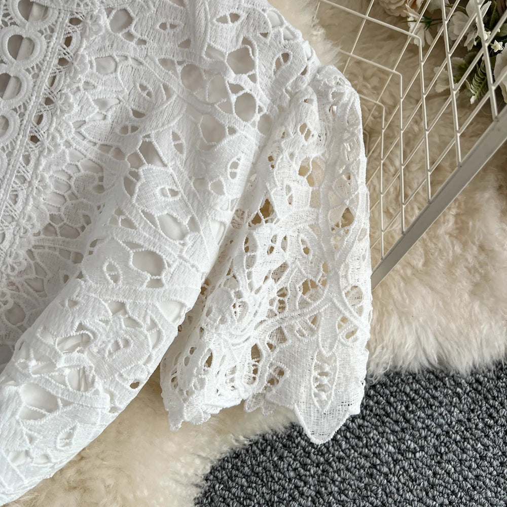 Women's French Style Hollow-Out Lace Dress — Waist-Cinched Short Sleeve A-Line